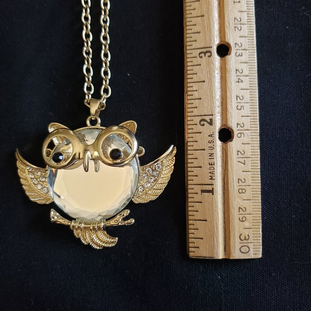 Vintage Costume Necklace Owl Pendant, Long Gold Chain, Owl with Glasses